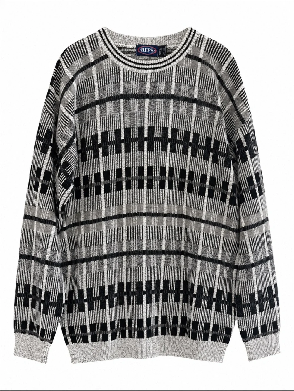 Vintage Repp Knit Sweater Men's 2XL Tall Cotton Gray Black 90s USA Crewneck